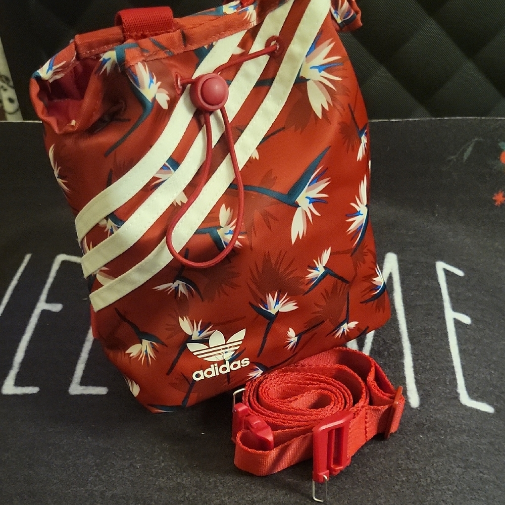 Adidas Red Floral Drawstring Bag